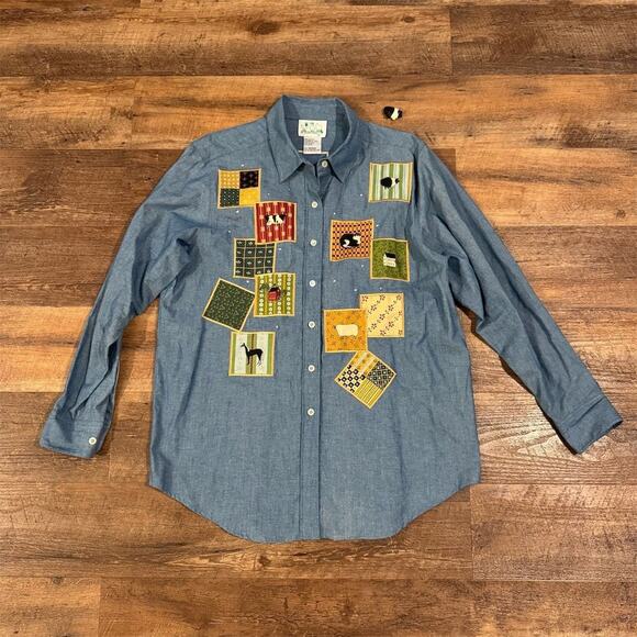 Quacker Factory Blue Denim Chambray Farmhouse Cottage Button-Up Shirt M READ - Picture 1 of 16